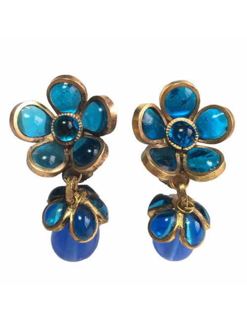 Boucles d'oreille Clips pendants MARGUERITE de VALOIS en pâte de verre bleue