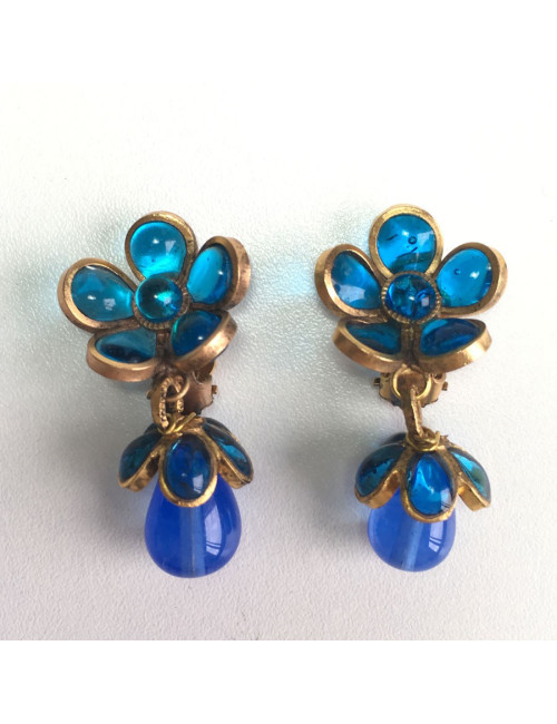 Earrings hanging Clips MARGUERITE of VALOIS glass blue