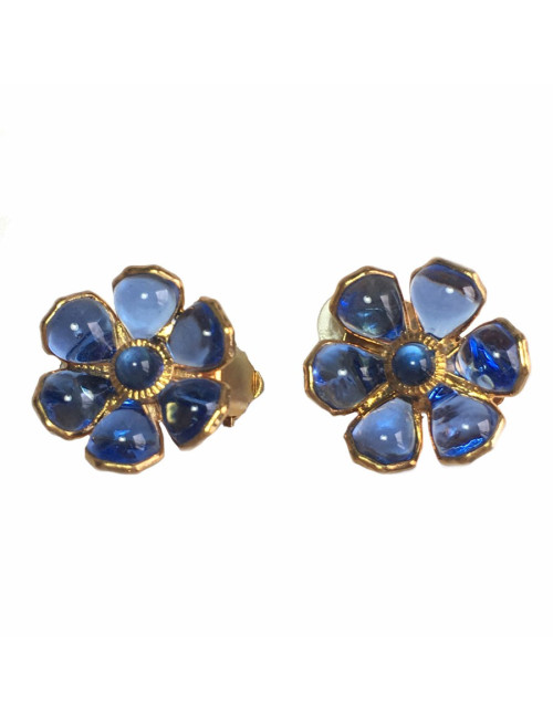 Boucles d'oreille clips MARGUERITE de VALOIS en pâte de verre bleue