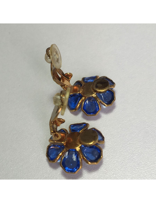 Boucles d'oreille clips MARGUERITE de VALOIS en pâte de verre bleue