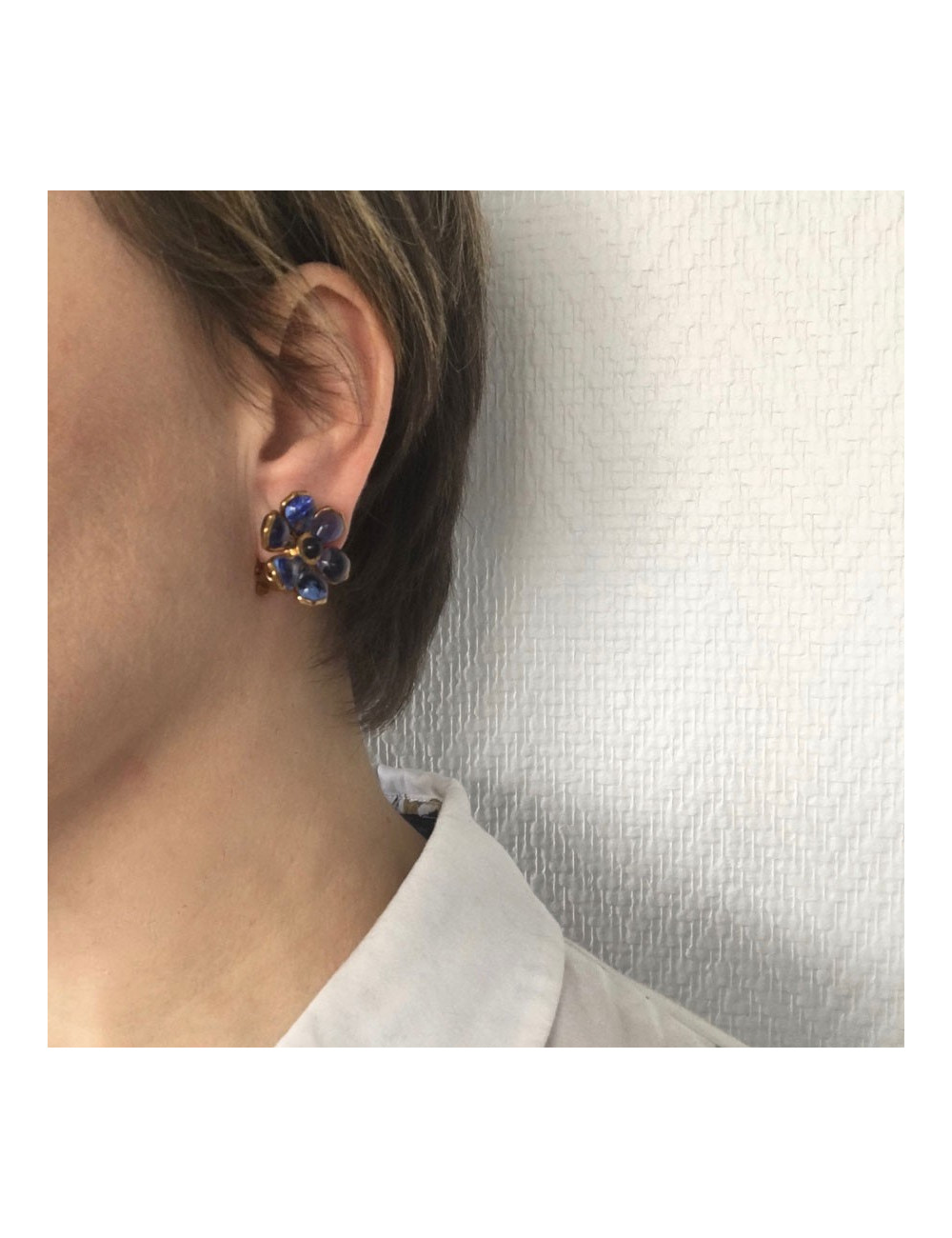 MARGUERITE of VALOIS clips blue glass paste earrings