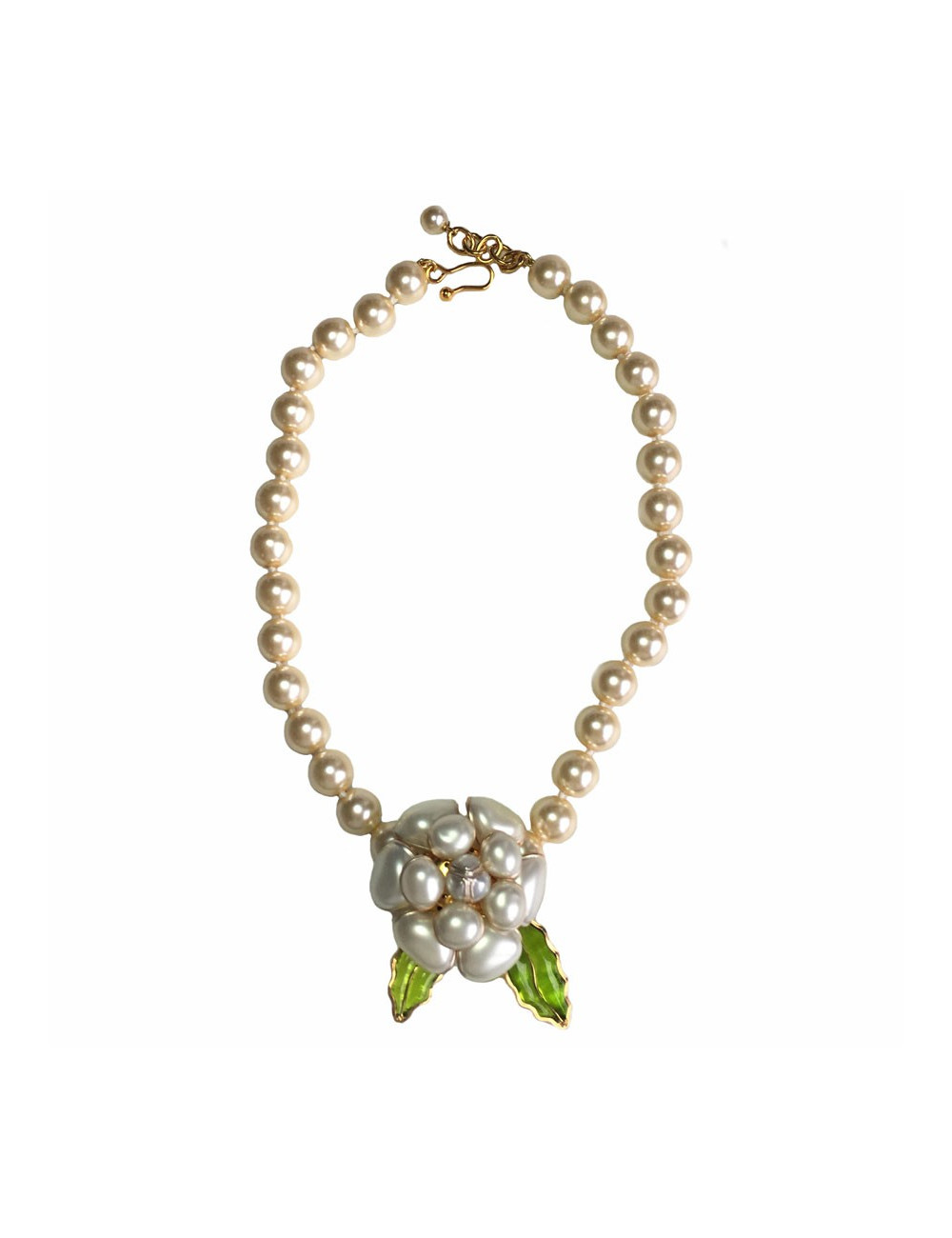 Collier camélia MARGUERITE de VALOIS en perles nacrées et feuilles vertes