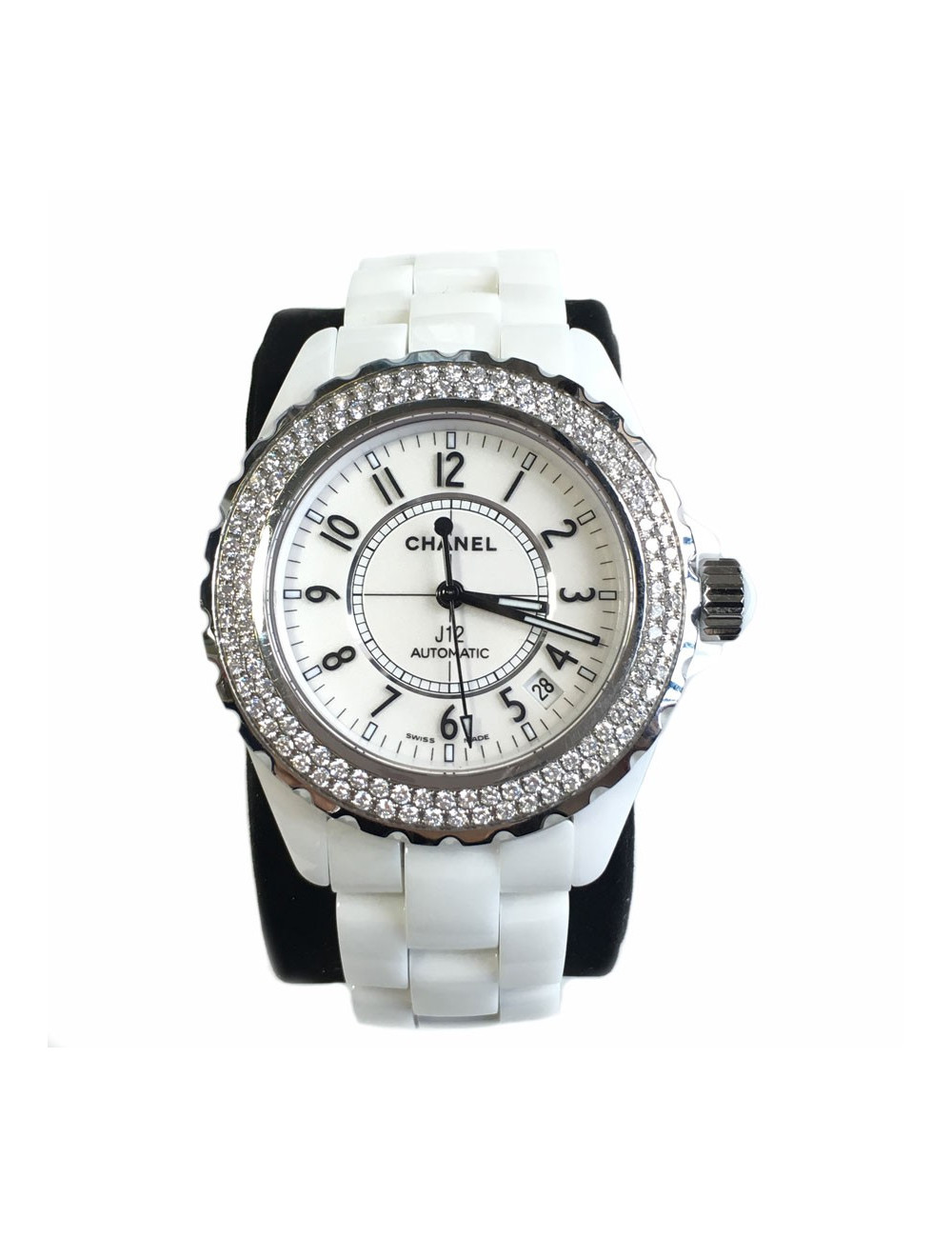 White ceramic CHANEL J12 watch and diamonds