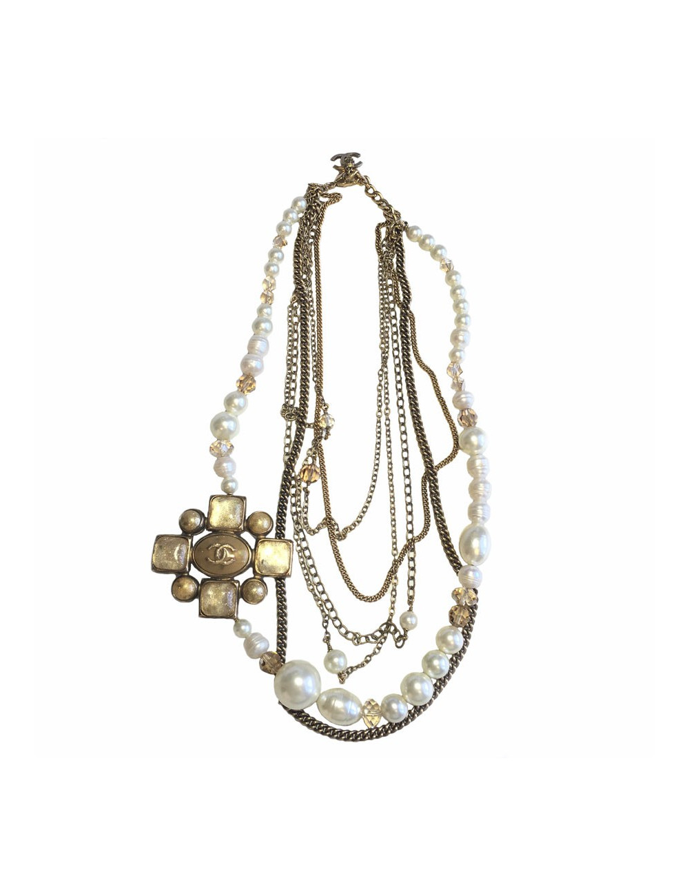 Collier CHANEL multiple rangs de perles, chaînes et pièce en métal doré
