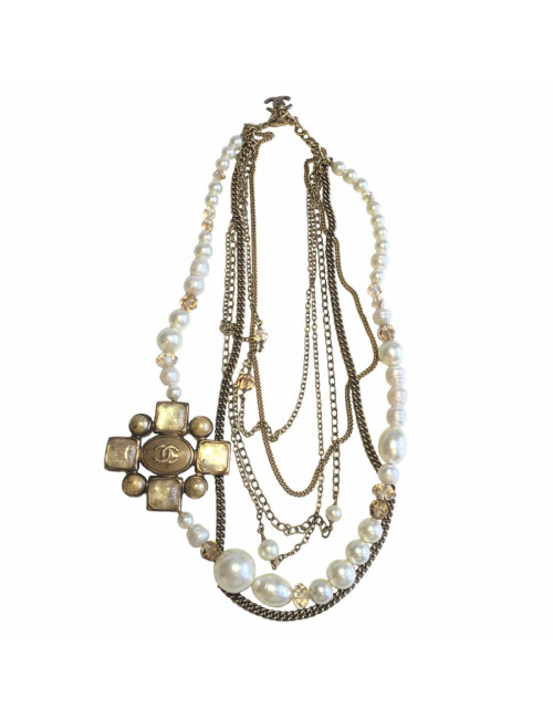 Collier CHANEL multiple rangs de perles, chaînes et pièce en métal doré