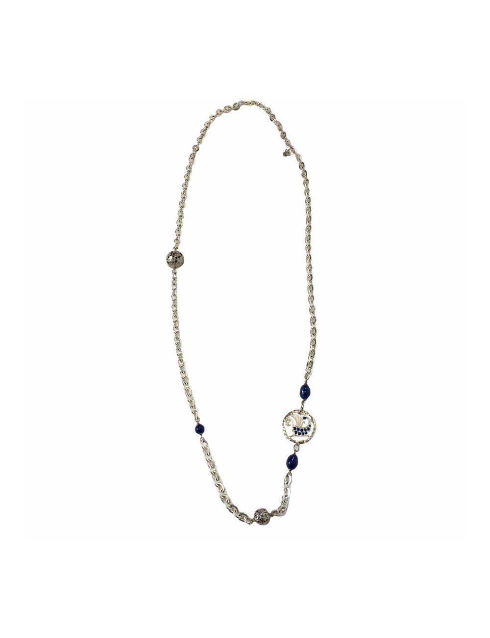 Marguerite of Valois silver chain and blue beads long necklace