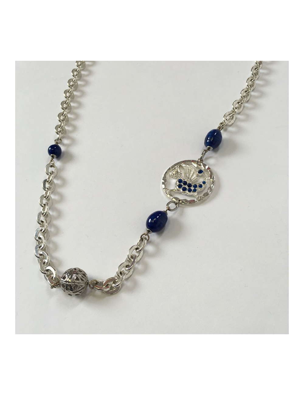 Marguerite of Valois silver chain and blue beads long necklace