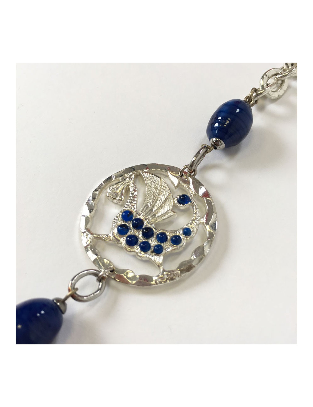 Sautoir Marguerite de Valois chaîne argentée et perles bleues