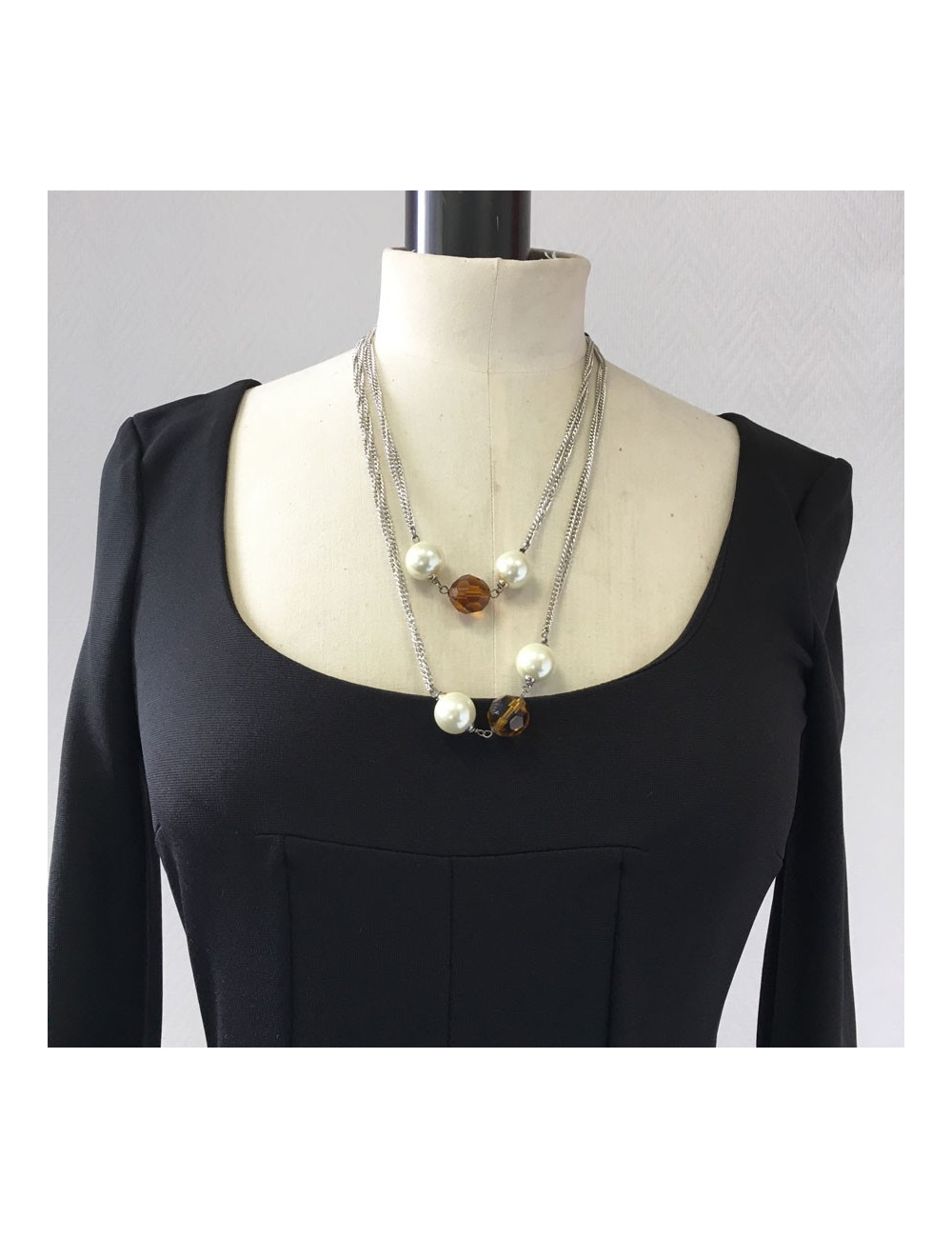 MARGUERITE de VALOIS silver chain necklace with pearly beads and faceted beads