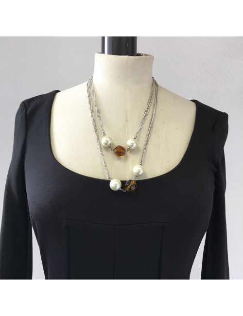 MARGUERITE de VALOIS silver chain necklace with pearly beads and faceted beads