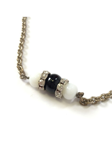 MARGUERITE of VALOIS silver chain necklace with rhinestones and black and white pearls 2