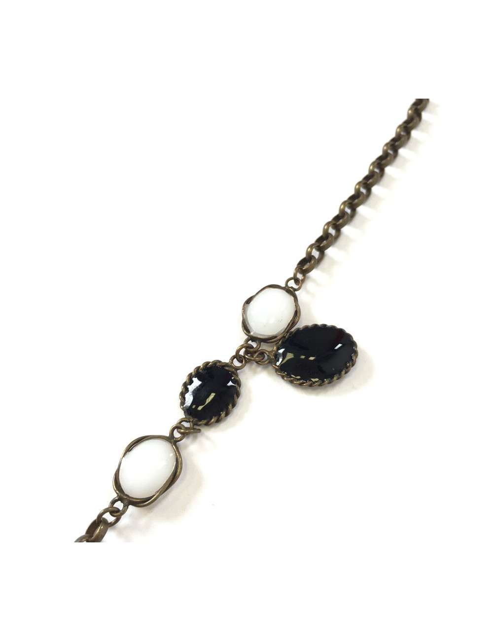 Necklace MARGUERITE of VALOIS gold chain and black and white glass paste