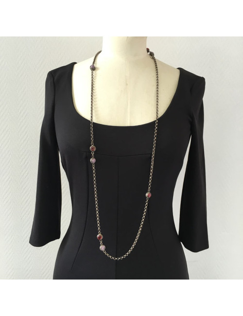 Sautoir MARGUERITE DE VALOIS chaîne argentée vieillie et pâte de verre mauve et bordeaux