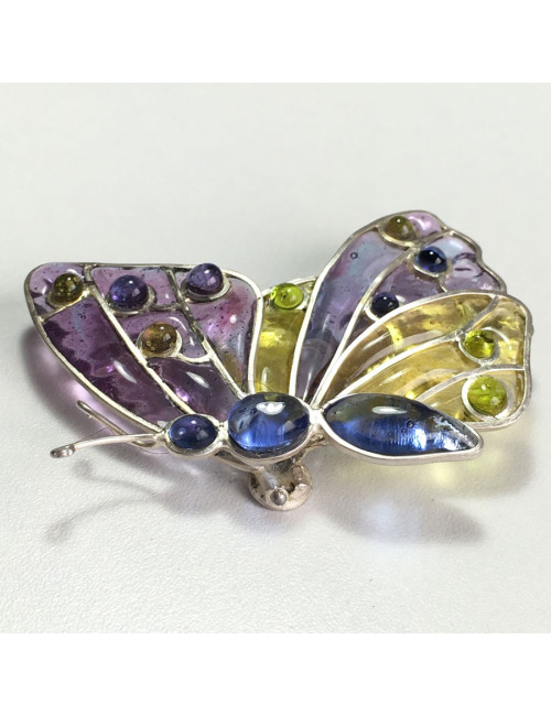 Broche LOUIS VUITTON papillon en pâte de verre multicolore et métal argenté