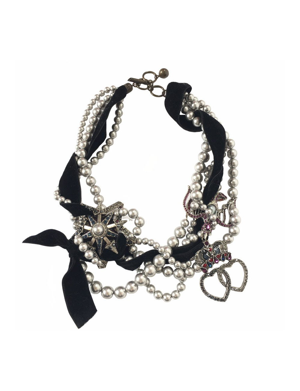 Collier LANVIN ras de cou coeur, étoile et oiseau en perle et métal