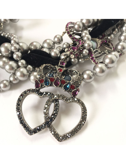 Collier LANVIN ras de cou coeur, étoile et oiseau en perle et métal