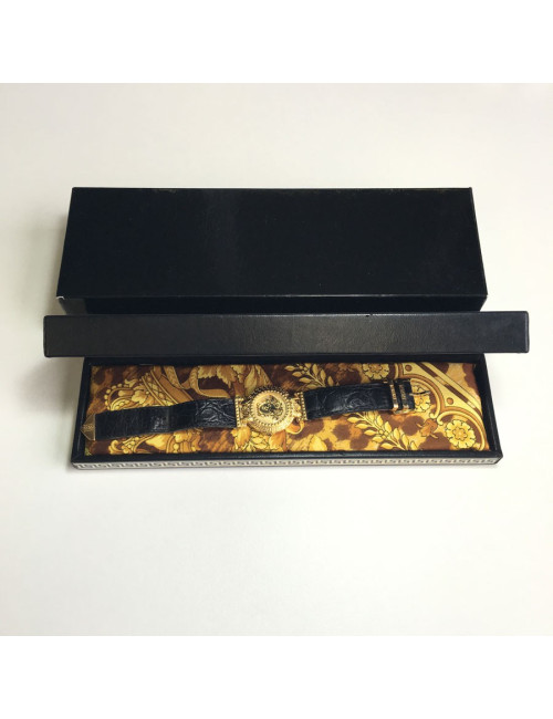 Montre VERSACE "Signature Médusa" plaqué or et cuir noir