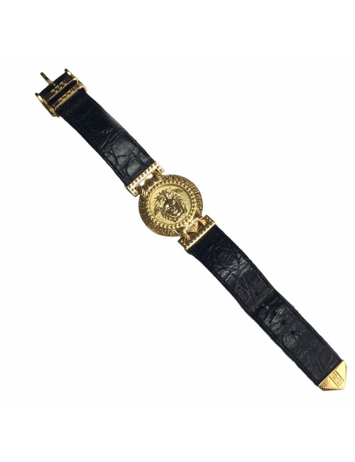Montre VERSACE "Signature Médusa" plaqué or et cuir noir