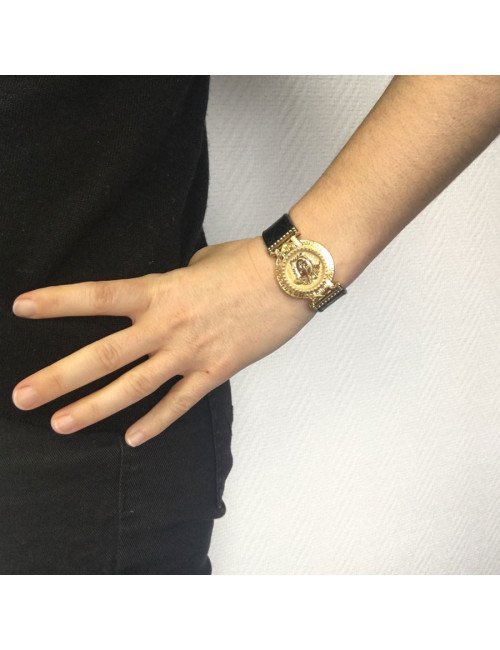 VERSACE "Signature Médusa" watch in gold plate and black leather