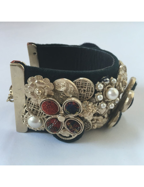 CHANEL cuff "Paris-Edinburgh" in leather and failure of blue velvet Navy