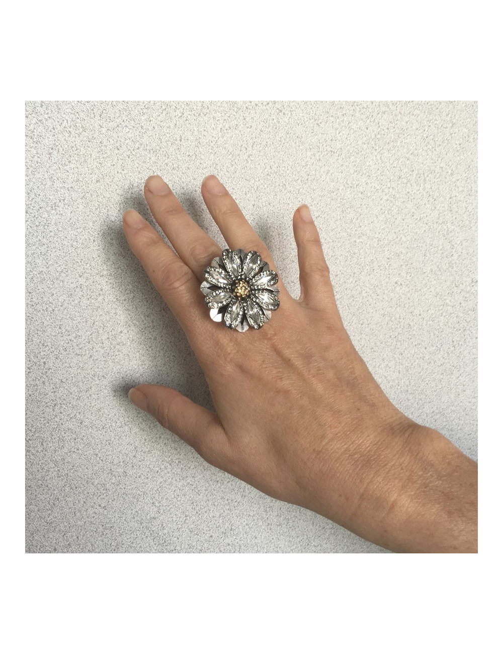 Bague Marguerite LANVIN T55 en métal argenté et strass