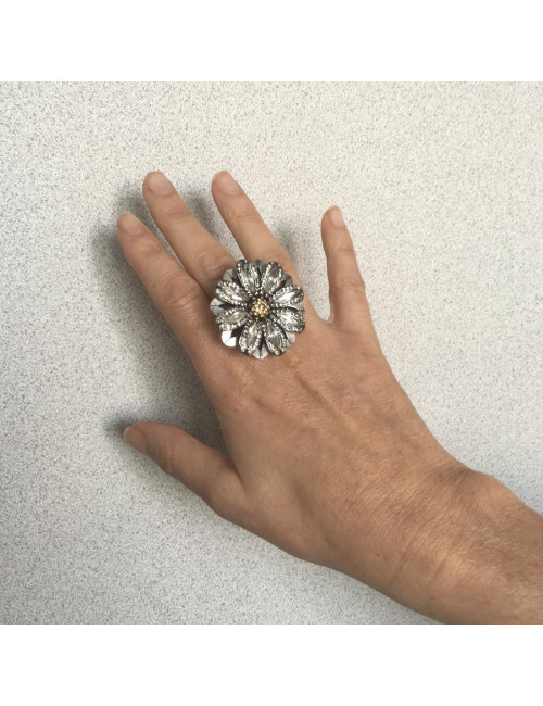 Bague Marguerite LANVIN T55 en métal argenté et strass