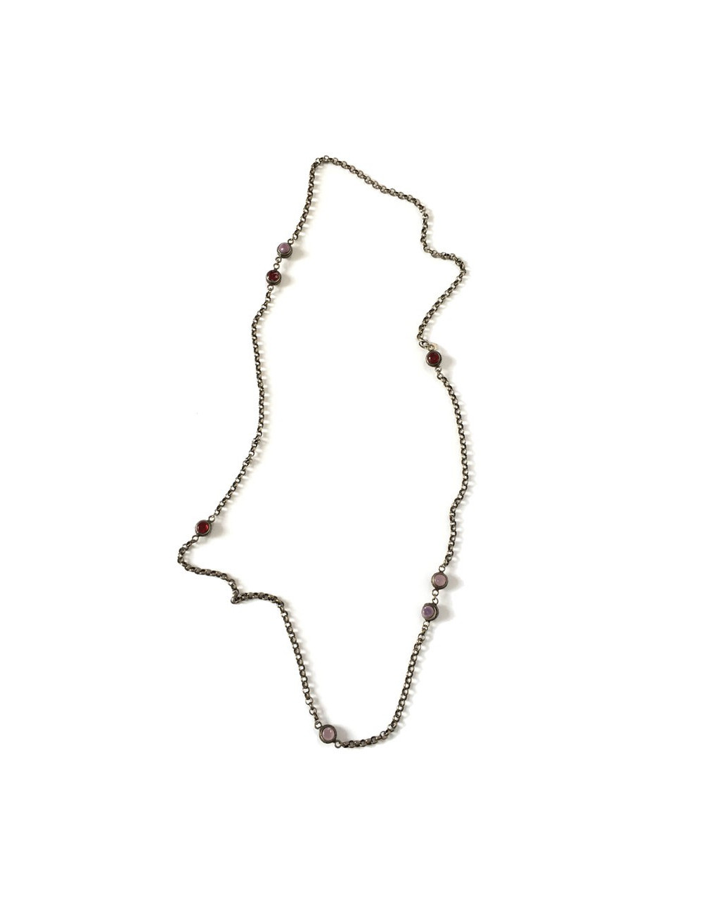 Sautoir MARGUERITE DE VALOIS chaîne argentée vieillie et pâte de verre mauve et bordeaux