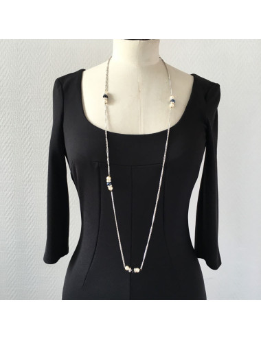 MARGUERITE de VALOIS silver chain, pearly beads, rhinestones and black stones long necklace 2
