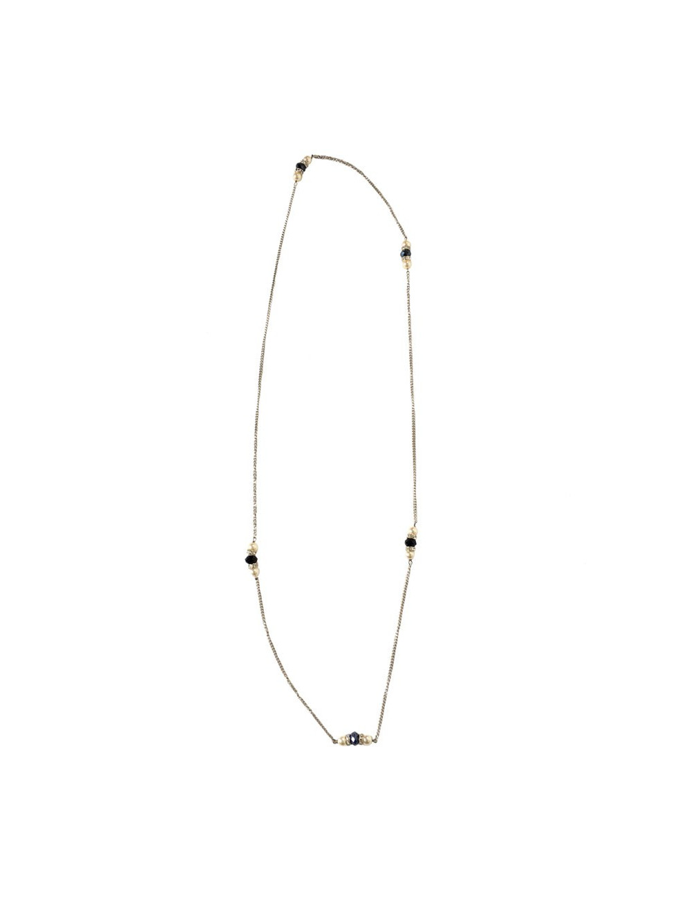 MARGUERITE de VALOIS silver chain, pearly beads, rhinestones and black stones long necklace