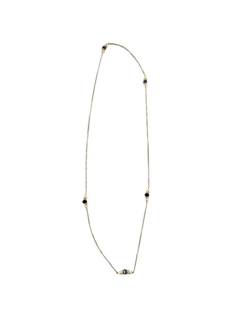 MARGUERITE de VALOIS silver chain, pearly beads, rhinestones and black stones long necklace