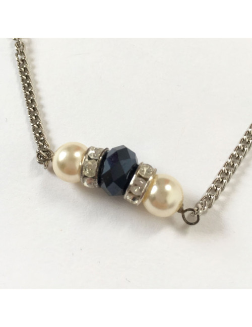 MARGUERITE de VALOIS silver chain, pearly beads, rhinestones and black stones long necklace