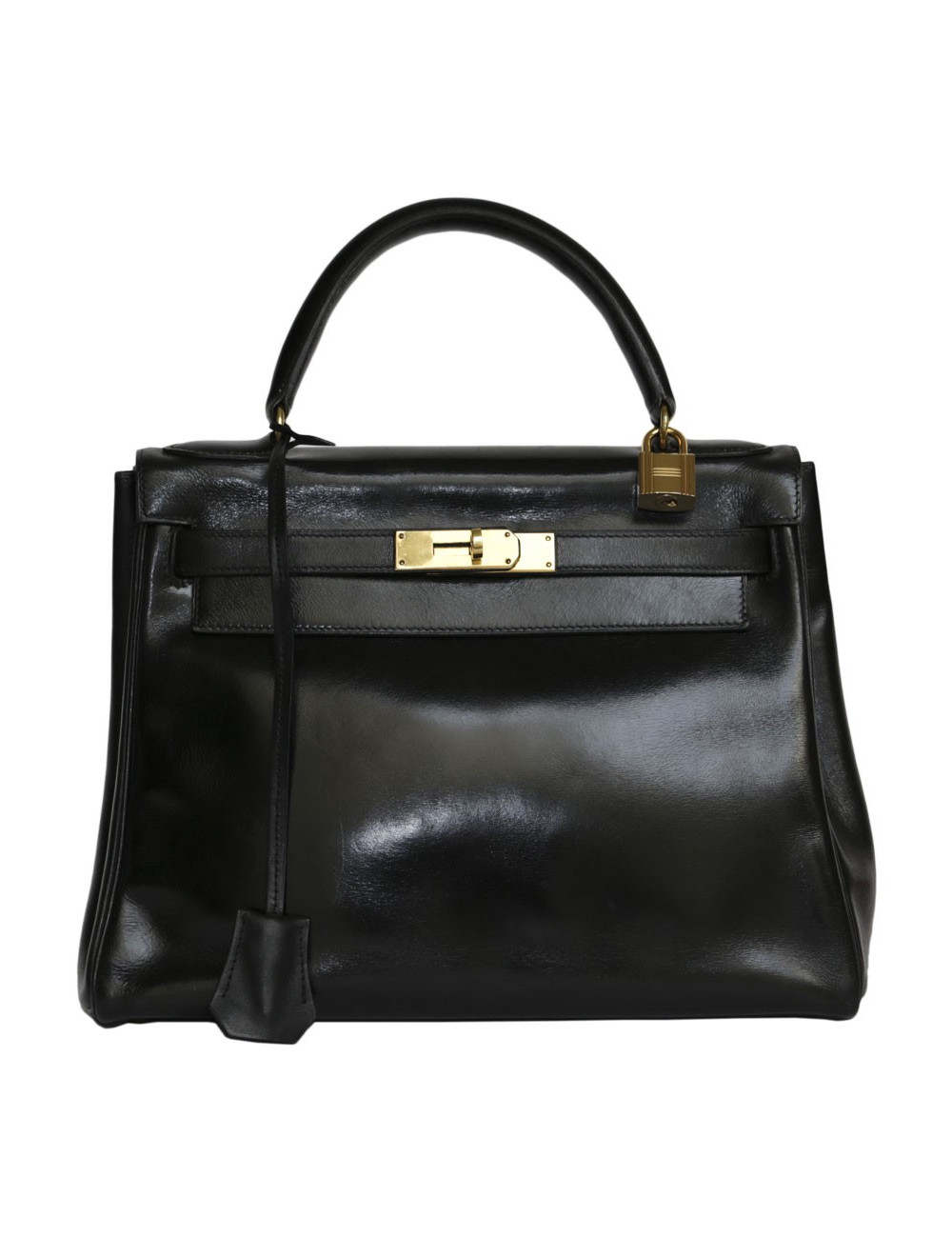 Sac kelly 28 HERMES cuir box noir Vintage