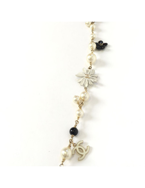 Necklace CHANEL gold chain, black and Pearly beads, Camellia in email