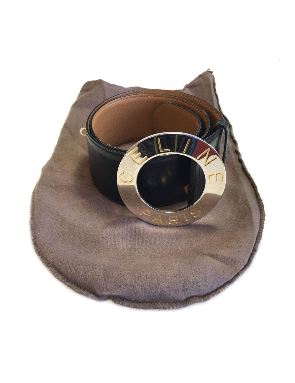 Ceinture CELINE en cuir noir et boucle argentée