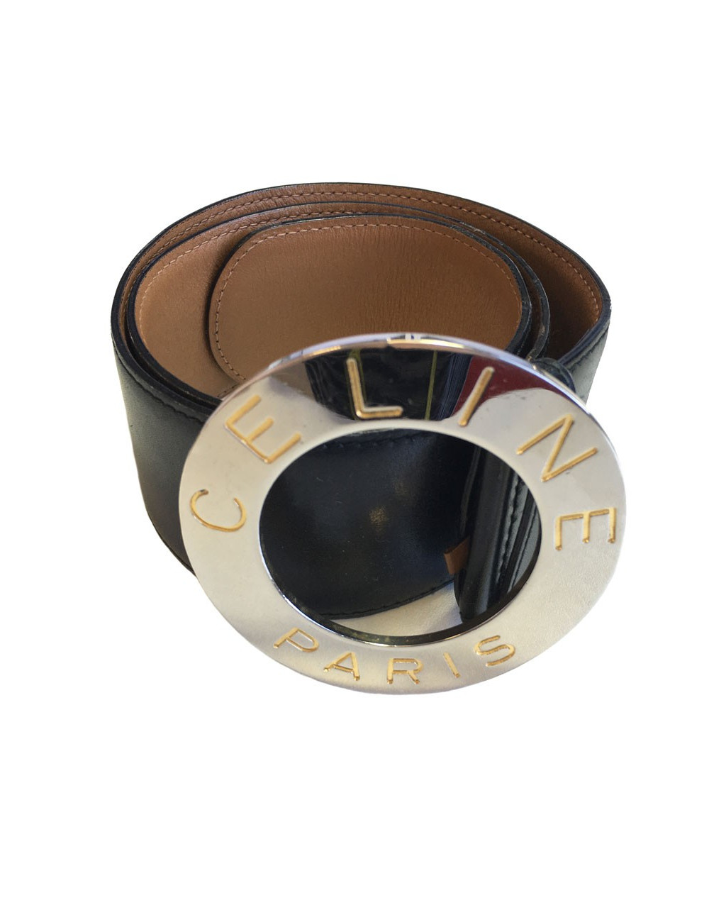 Ceinture CELINE en cuir noir et boucle argentée