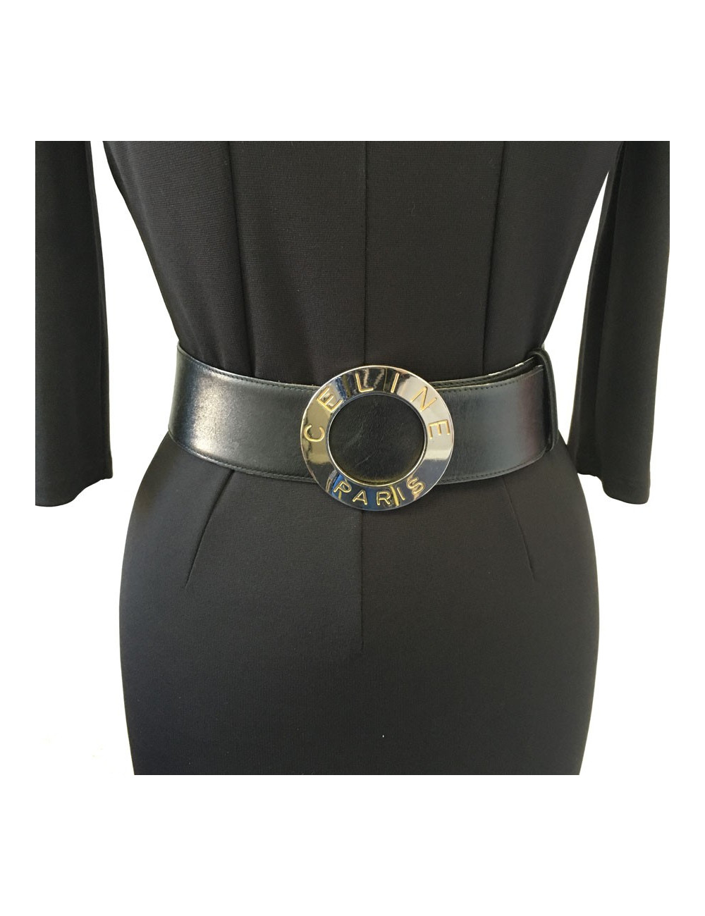 Ceinture CELINE en cuir noir et boucle argentée
