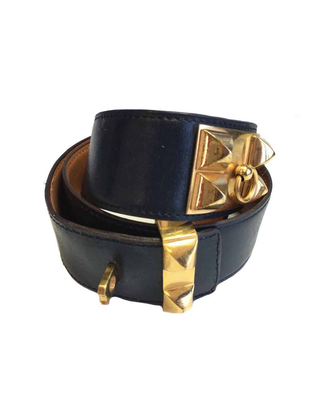 Navy blue leather belt HERMES Medor