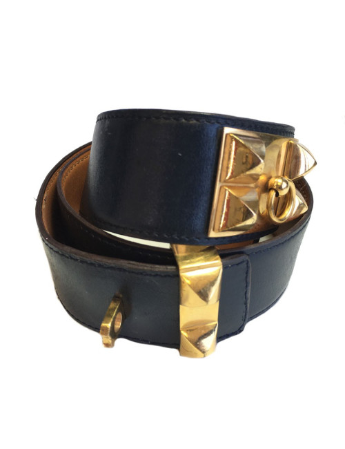 Navy blue leather belt HERMES Medor