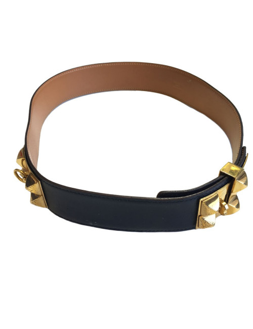 Navy blue leather belt HERMES Medor