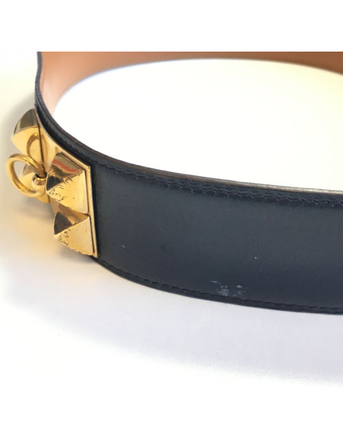 Navy blue leather belt HERMES Medor