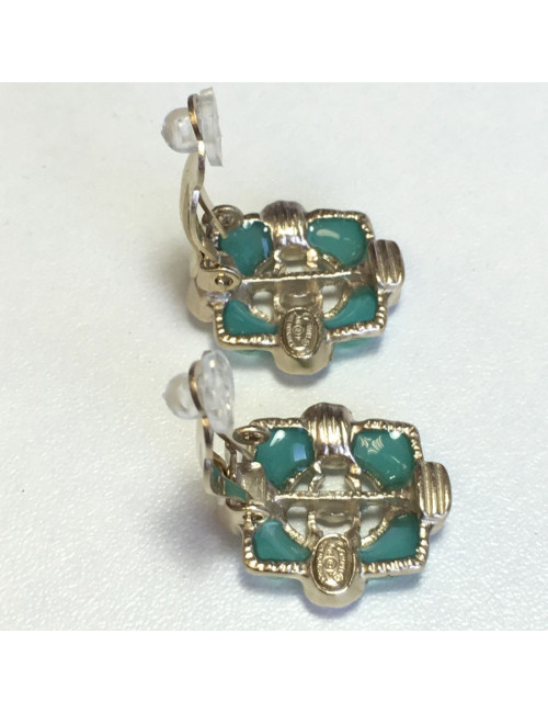 CHANEL Clip-on Earrings in Gilded Metal, Green Resin and Pearls