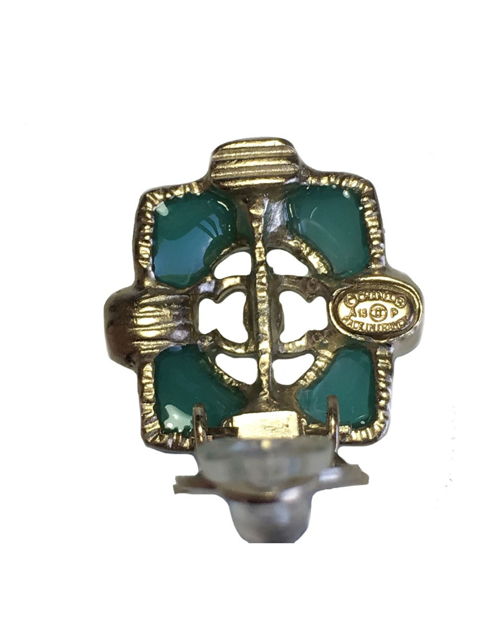 CHANEL Clip-on Earrings in Gilded Metal, Green Resin and Pearls