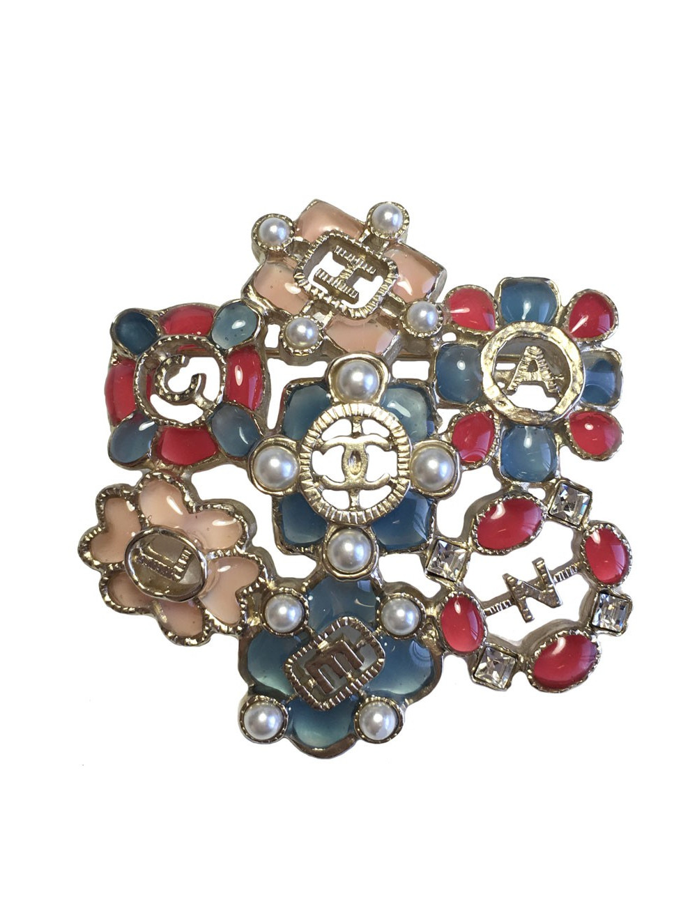 Broche CHANEL en résine multicolore et métal doré