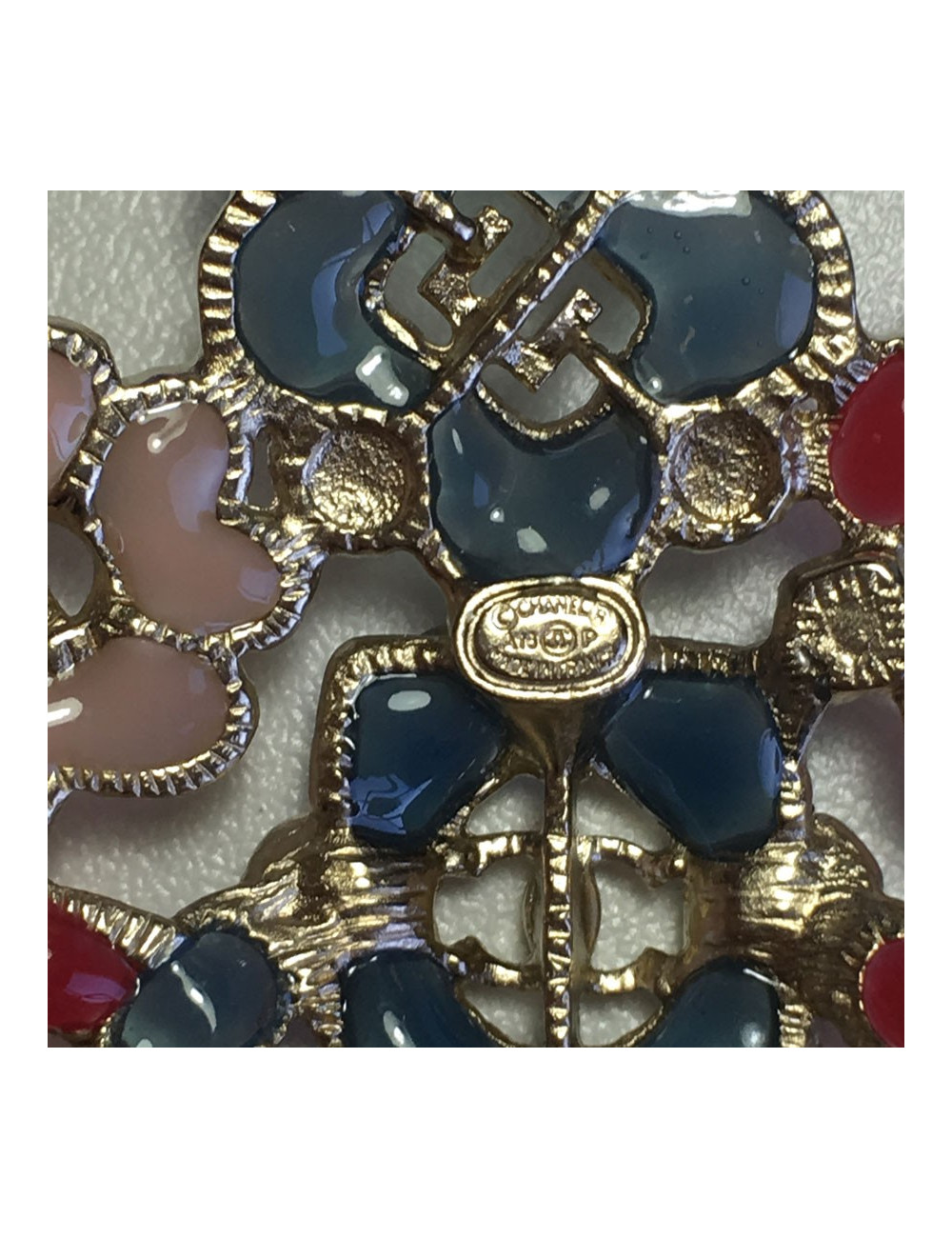 CHANEL brooch in multicolored resin, rhinestones and pearls