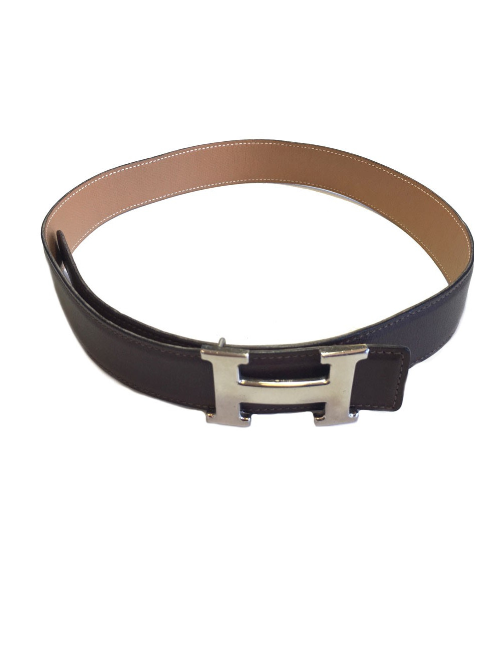 Ceinture H HERMES en cuir swift marron T 76 réversible