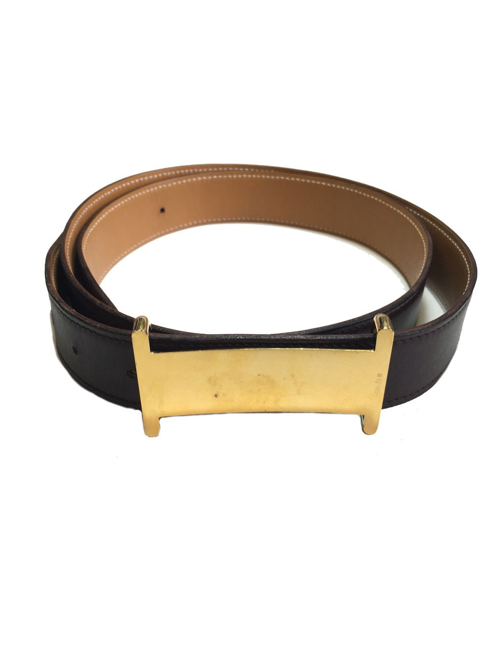 Ceinture HERMES T 90 réversible en cuir box gold et marron