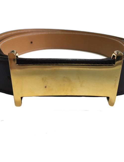 Belt HERMES T 90 reversible leather gold box and Brown
