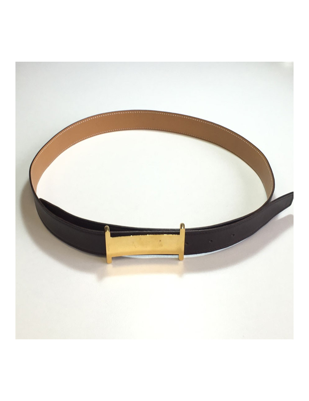 Ceinture HERMES T 90 réversible en cuir box gold et marron