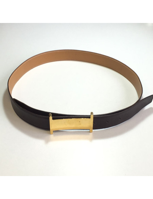 Belt HERMES T 90 reversible leather gold box and Brown