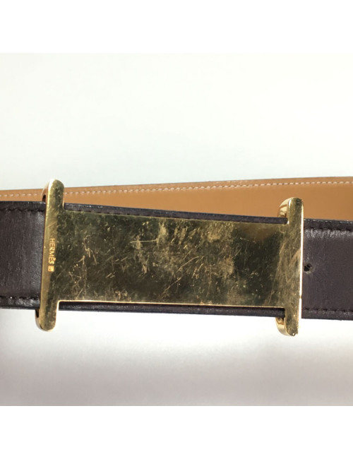 Belt HERMES T 90 reversible leather gold box and Brown